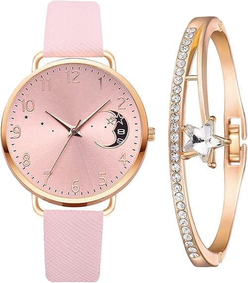 Luxury Women's Watch and Bracelet Set – Diamond-Accented Analogue Quartz Wristwatch with Stainless Steel or PU Leather Strap – Includes Stylish Rhinestone Watch and Elegant Jewelry Cuff Bracelet على Amazon.ae - متتبع الأسعار