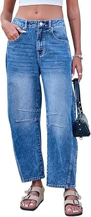 Mid Rise Barrel Jeans for Women Wide Leg Mid Waist Cropped Denim Pants Y2k Baggy Boyfriend Jeans with Pockets on Amazon.ae - Price Tracker