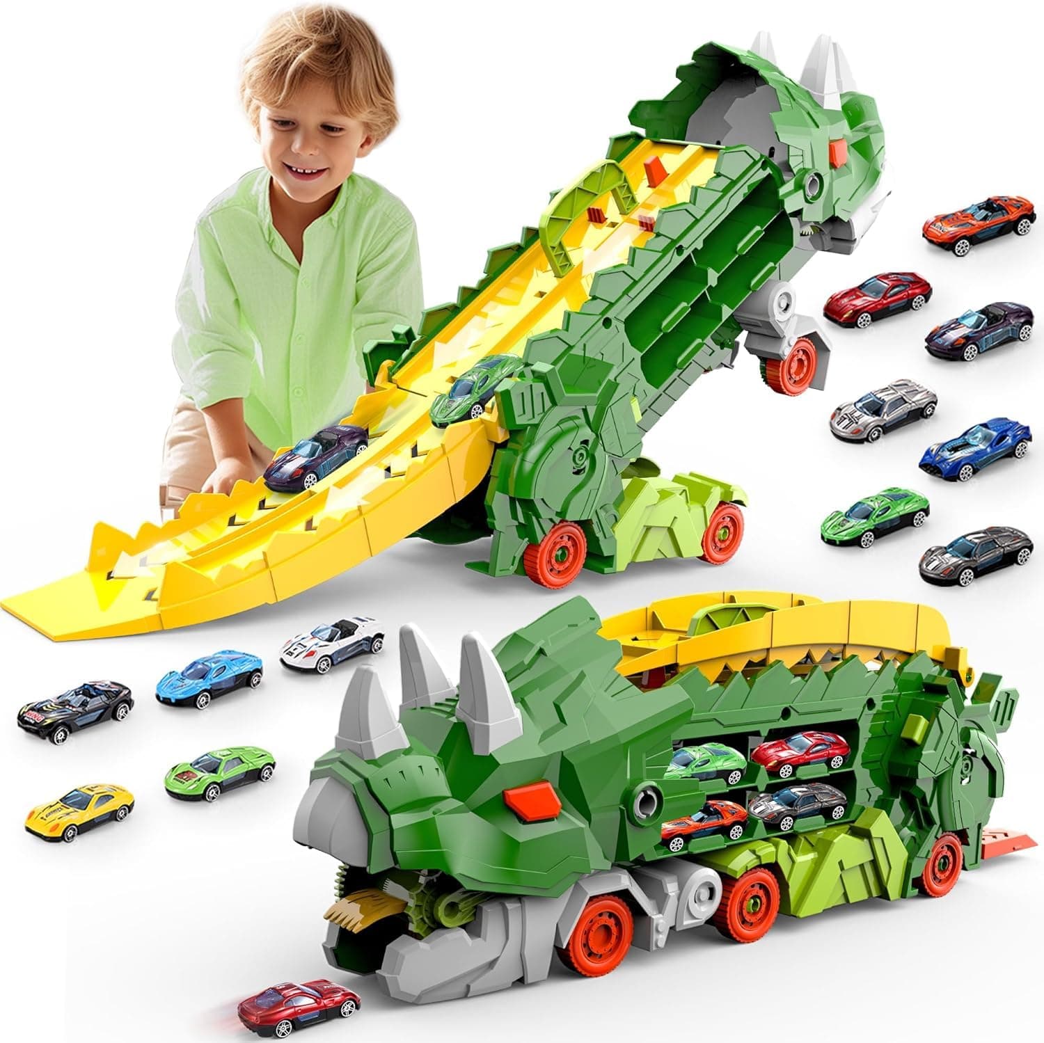 HALAYAYA Dinosaur Toys Truck Set Dinosaur Transforming Car Race Tracks Set With 8 Pcs Cars for Kids Toys Dinosaur Car Track for Kids Age 3 4 5 6 7 8 Year Old (green) on Amazon.ae - Price Tracker