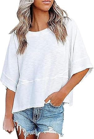 Womens Fashion T-Shirt CrewNeck 3/4 Sleeves Solid Color Loose Basic Pullover Tops Summer Casual Tees Blouses on Amazon.ae - Price Tracker