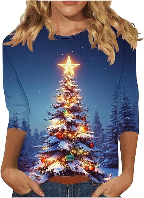Christmas Tops for Women UK Plus Size Xmas Tops 3/4 Sleeve T Shirts Christmas Tree Snowflake Print Tshirt Round Neck Blouses Casual Loose Top Pullover Lounge Wear for Holiday Party on Amazon.ae - Price Tracker