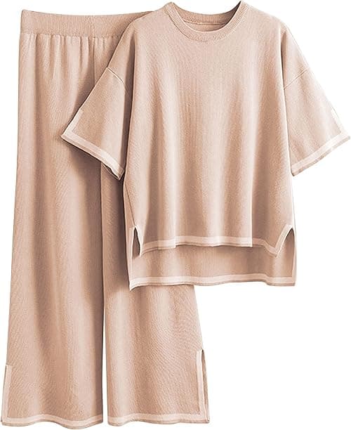 Faleave Women's Knit Sweater Set, Short-Sleeved, No Buttons, Elastic Waist, Wide-Leg Lounge Pants, 2-Piece Set on Amazon.ae - Price Tracker