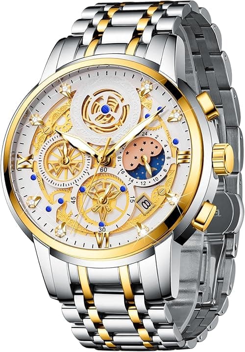 Moon Phase Watch for Men, Multifunction Chronograph Dial Analog Quartz Wristwatch Luxury Diamond Business Dress Watch with Luminous Waterproof Calendar Stainless Steel Strap on Amazon.ae - Price Tracker
