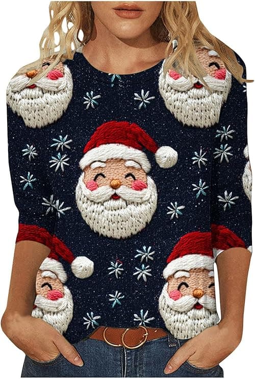 Christmas Blouse For Women Uk Rude Xmas Jumper Plus Size 3/4 Sleeve Top Round Neck Tshirt Cute Santa Snowman Print Jumper Funny Christmas Jumpers Tunic Top Casual Party Xmas Tshirt on Amazon.ae - Price Tracker