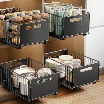 Mustorn 2 Pack Pull Out Cabinet Organizer, Slide Out Drawers for Cabinets, Peel and Stick, Heavy Duty Shelves for Kitchen, Cupboard, Pantry, Bathroom (14.76" D*9.65" W*7.87" H-Black) على Amazon.ae - متتبع الأسعار