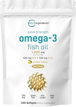Micro Ingredients Maximum Strength Omega 3 Fish Oil Supplements, 1000 Mg Per Serving, 300 Softgels | Lemon Flavor | Burp Free | Epa 180 Mg + Dha 120 Mg | Fish Water Profu on Amazon.ae - Price Tracker