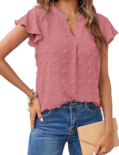 MEROKEETY Women 2023 Summer V Neck Ruffle Short Sleeve Blouse Swiss Dot Flowy Shirt Tunic Top on Amazon.ae - Price Tracker
