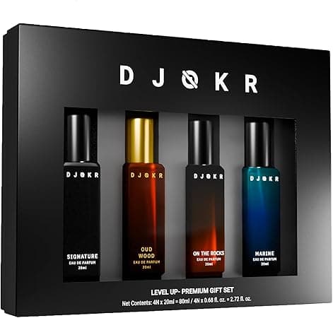 DJOKR Perfume Gift Set for Men Pack of 4x20 ML | Eau De Parfum | Premium Luxury Long Lasting Fragrance Spray | Signature, On The Rocks, Oud Wood, Marine (4x20 ml) on Amazon.ae - Price Tracker