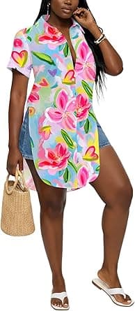 LYANER Women's Collar V Neck Button Down Slit Hem Short Sleeve Blouse Long Shirt Top on Amazon.ae - Price Tracker