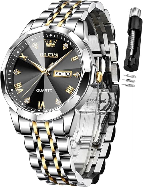 OLEVS Watch for Men Diamond Business Dress Analog Quartz Stainless Steel Waterproof Luminous Date Two Tone Luxury Casual Wrist Watch, black gold watch for men (YPF-S-G9931GJ-JH) on Amazon.ae - Price Tracker