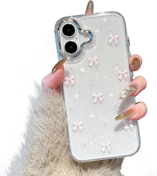 Case for iPhone 16, Bling Glitter 3D Bowknot Phone Case Cute Sparkly Crystal Clear Bow Aesthetic Design Case Slim Soft Durable Transparent Protective Cover for Women Girl - (Pink Bow) on Amazon.ae - Price Tracker