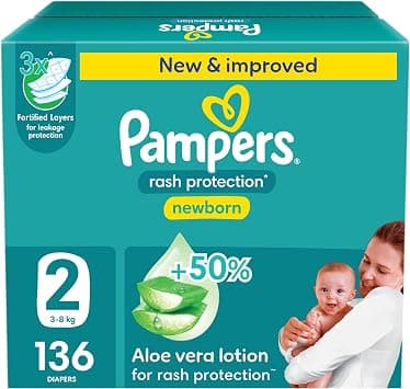 Pampers Rash Protection, Size 2, 3-8 kg, Jumbo Box, 136 Diapers - متتبع أسعار Amazon.sa