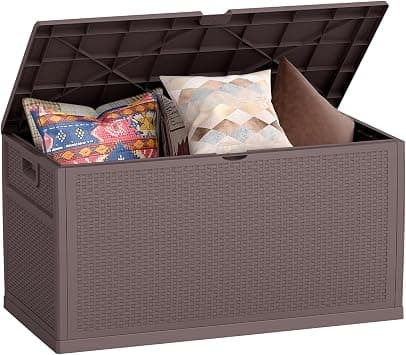 ZYJOYY 125 Gallon Resin Deck Box, Weatherproof Outdoor Storage Box for Patio, Garden, Pool, and Yard, Lockable Waterproof Bin for Tools, Cushions, and Accessories, Brown - متتبع أسعار Amazon.sa