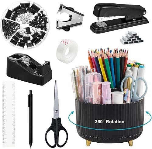 Black Office Supplies Set, Black Desk Organizer and Accessories 10pcs with 360°Pen Holder,Stapler and Tape Dispenser Set, Remover, Staples, Clips, Scissor,Sticky Notes and Pen for on Amazon.ae - Price Tracker