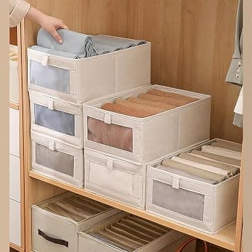 4PCS Linen Wardrobe Clothes Organizer, Foldable Large Capacity Closet Storage Bins with Clear Window, Stackable Clothing Organizing Boxes for Jeans, Sweaters, Underwear, Toys(White) - متتبع أسعار Amazon.sa