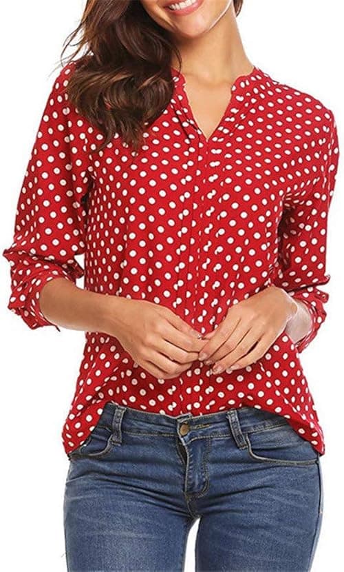 Women's Henley Shirts Polka Dot Print 3/4 Sleeve V-Neck Tops Blouse Casual Office Tunics on Amazon.ae - Price Tracker