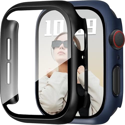 JR.DM 42mm 2 Pack Hard PC Case with HD Tempered Glass Screen Protector for Apple Watch Series 10/11 (2025), Guard Bumper Full Coverage Protective Anti-Scratch Face Cover for iWatch, Glossy Blue+Black على Amazon.ae - متتبع الأسعار