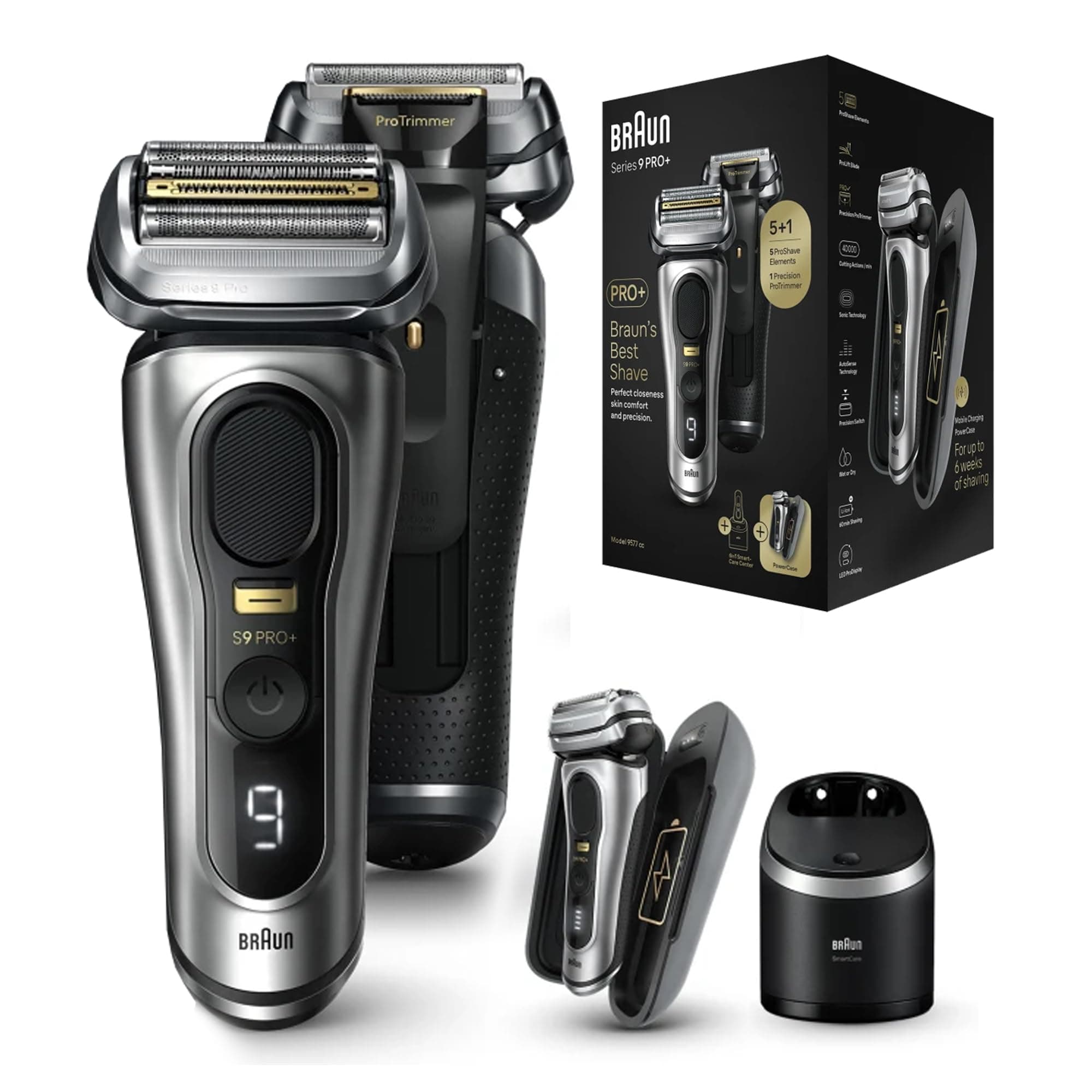 Braun Series 9 PRO+ 9577cc Wet & Dry Electric shaver 5+1 Direct&Cut Blade, ProTrimmer, SkinGuard and titanium-coated ProLift Blade.The 6in1 SmartCare Center, Made in Germany - Silver on Amazon.ae - Price Tracker