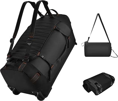 Foldable Rolling Duffle Bag with Wheels - 30" Extra Large Waterproof Travel Backpack with Shoe Compartment, Heavy Duty TSA-Approved Luggage for Men’s Camping, Sports, and Airplane Trips, Black, Extra على Amazon.ae - متتبع الأسعار