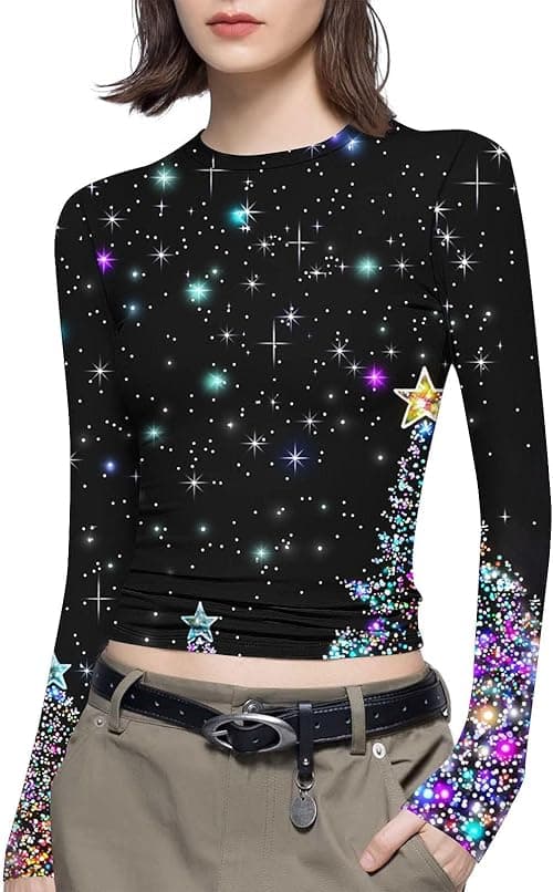 Christmas T Shirts Women Funny Xmas Tee Shirts Bodycon Top Long Sleeve T Round Neck Blouses Xmas Tree Funny Snowflakes Graphic T-Shirts Party Tops Pullover Novelty Christmas Top on Amazon.ae - Price Tracker