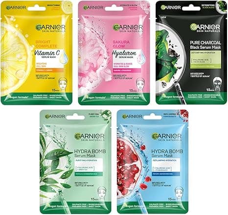 Garnier Skin Naturals Face Mask Set, Hydrating, Pore Reducing, Brightening, and Enhances Glow, Hydra Bomb Serum Mask & Black Serum Mask, 5 pcs, 140g on Amazon.ae - Price Tracker