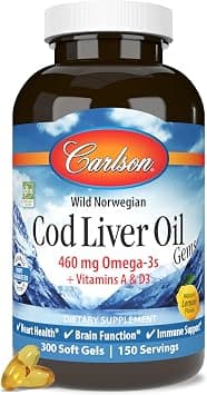Carlson - Cod Liver Oil, 460 mg Omega-3s + Vitamins A & D3, Wild-Caught Norwegian Arctic Cod-Liver Oil, Sustainably Sourced Nordic Fish Oil Capsules, Lemon, 300 Softgels على Amazon.ae - متتبع الأسعار