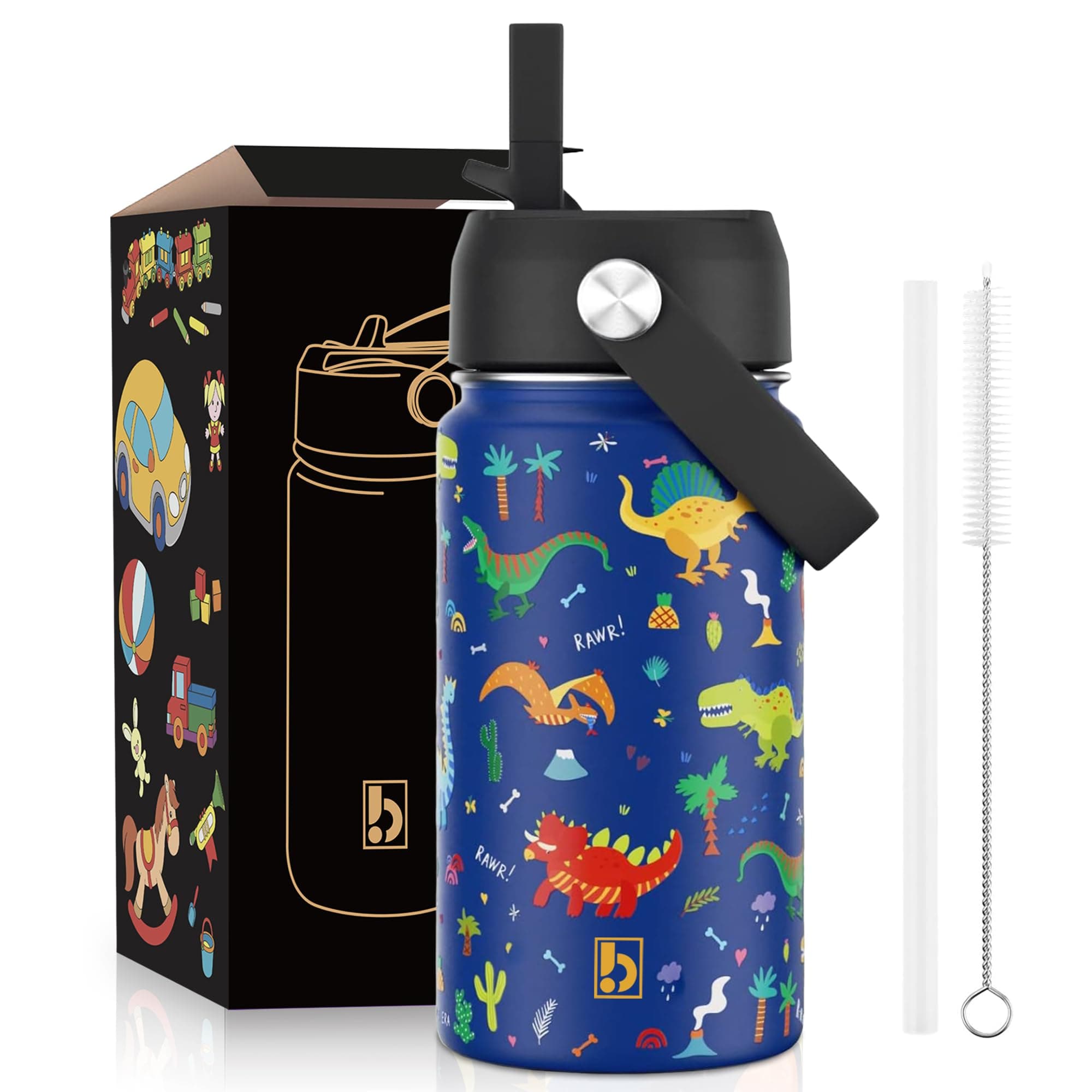 BuyOn Kids Water Bottle 410ml Stainless Steel Hydro Flask Double Wall Insulated Thermos Bottle with Straw Lid BPA Free Cup Hot Cold Sports Toddler School Boys Girls 14oz (DINOSAUR BLUE 410ML) on Amazon.ae - Price Tracker