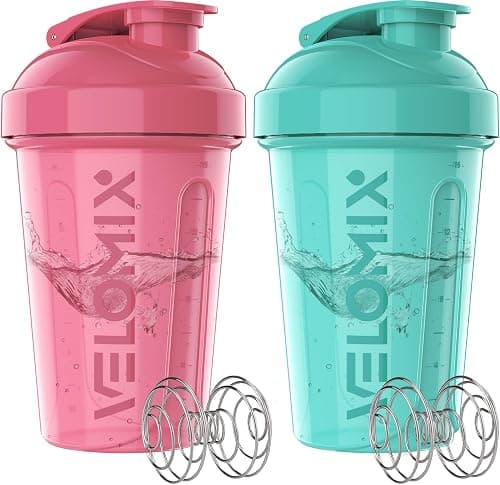 VELOMIX -2 Pack- 20 oz Protein Shaker Bottles for Protein Mixes - 2x Wire Whisk | Leak Proof Shaker Cups for Protein Shakes and Pre Workout | Protein Shaker Bottle Pack (Pink/Turquoise) on Amazon - Best Deal Finder
