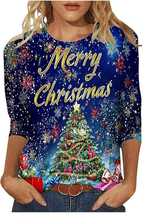 Christmas Tops for Women Funny Xmas T Shirts 3/4 Sleeve Tops Round Neck Blouses Xmas Tree Santa Elk Snowflake Print Tshirt Merry Christmas Jumper Pullover Dressy Blouses Plus Size on Amazon.ae - Price Tracker