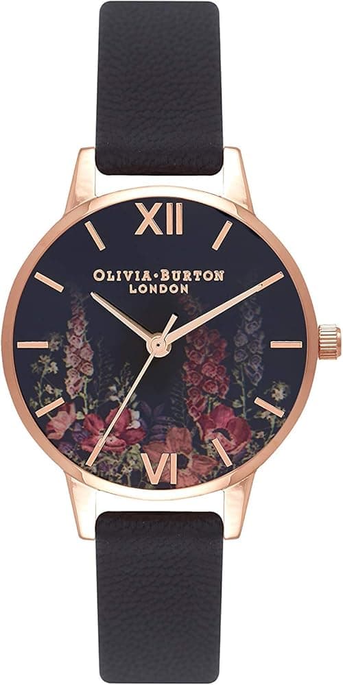 Olivia Burton Women's Analogue Quartz Watch with Leather Strap OB16WG43, Black (Dark Bouquet), Bracelet on Amazon.ae - Price Tracker