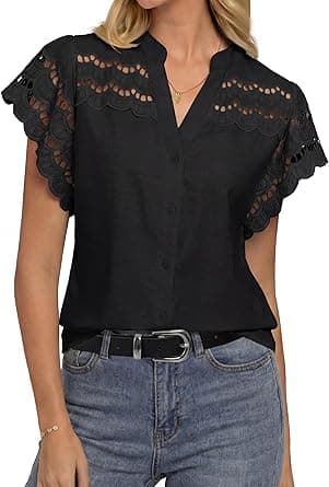 GRACE KARIN Womens Summer Eyelet Tops Dressy Casual,Ruffle Short Sleeve Button Down Shirts,V Neck Embroidered Cotton Blouses on Amazon.ae - Price Tracker
