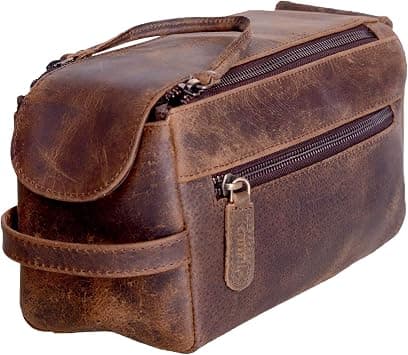 KomalC Premium Buffalo Leather Unisex Toiletry Bag Travel Dopp Kit, Distressed Tan, 9.3x5x4.3 Inch (Pack of 1) on Amazon - Best Deal Finder
