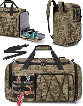 RAINSMORE Sports Gym Bag for Men Women, 45L Large Duffel Bag with Shoe Compartment and Wet Pocket, Water Resistant, 3-in-1 Travel Holdall Weekender, Khaki Camo, 45L, Classic on Amazon - Best Deal Finder