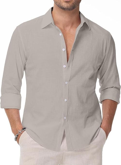 Linen Shirts for Men Casual Button Down Long Sleeve Shirt Solid Summer Beach Hawaiian Shirts on Amazon.ae - Price Tracker