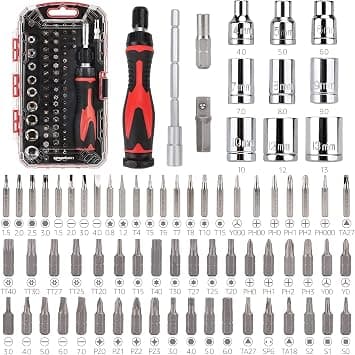 Amazon Basics 73-Piece Magnetic Ratcheting Wrench and Electronics Precision Screwdriver Set, Black, Red, Silver على Amazon.ae - متتبع الأسعار
