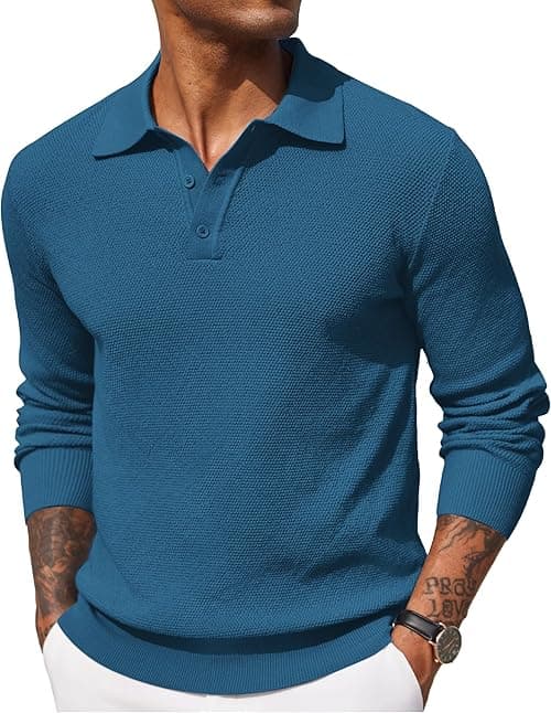COOFANDY Mens Knit Polo Shirts Long Sleeve Casual Polo Sweaters Shirt Waffle Textured Collared Sweater on Amazon.ae - Price Tracker