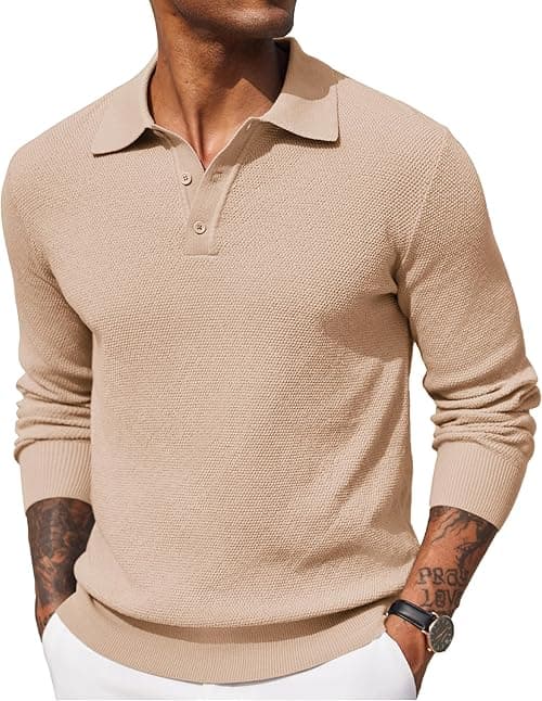 COOFANDY Mens Knit Polo Shirts Long Sleeve Casual Polo Sweaters Shirt Waffle Textured Collared Sweater on Amazon.ae - Price Tracker