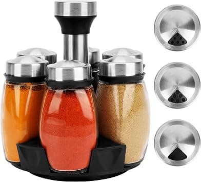 360° Rotating Spice Rack with 6 Glass Shakers (Silver Lids) - Stainless Steel Revolving Kitchen Countertop Organiser, Freestanding Herb/Seasoning Carousel with Jars on Amazon.ae - Price Tracker