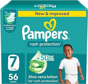 Pampers Rash Protection Taped Diapers, Size 7, 15+kg, +50% Aloe Vera Lotion for Rash Protection, 3x Fortified Layers for Leakage Protection, Jumbo Box, 56 Count - متتبع أسعار Amazon.sa