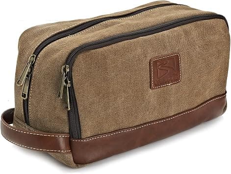 Travel Toiletry Bag for Men and Women, Canvas Toiletry Organizer Water-Resistant Vegan Leather, Hanging Dopp Kit Shaving Bag for Toiletries Accessories (Brown, Large) on Amazon - Best Deal Finder