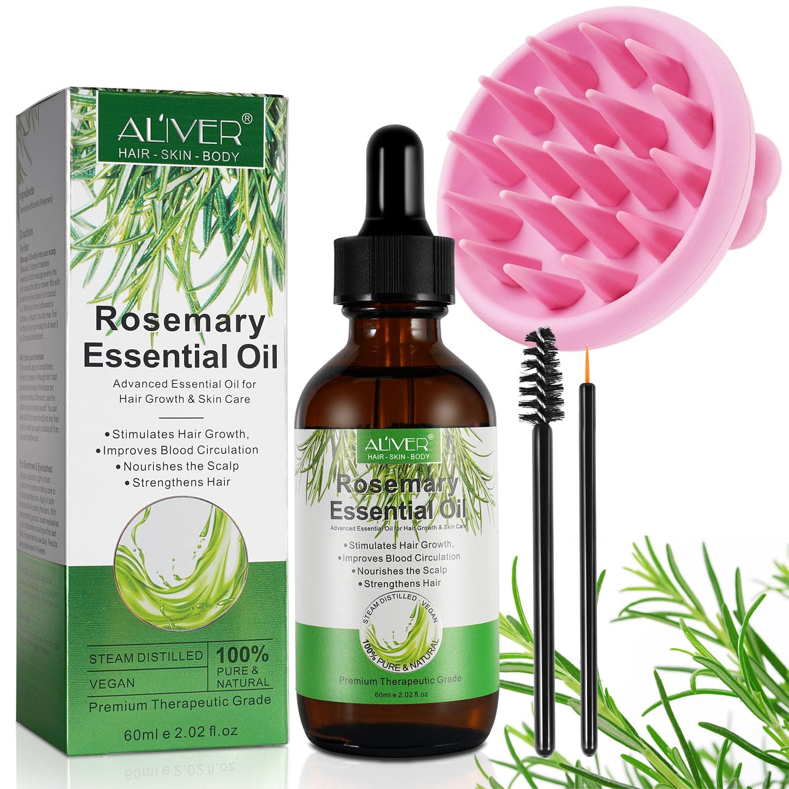 ALIVER Rosemary Essential Oil (60ml) for Hair Growth with Silicone Scalp Massage Comb for Hair Growth and Skin Care, Nourishes Scalp, Strengthens Hair, 100% Pure Natural Organic Rosemary Essential Oil on Amazon.ae - Price Tracker