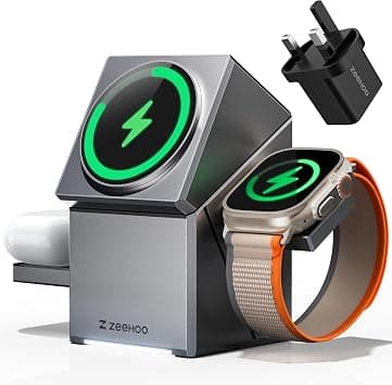 ZEEHOO 3 in 1 Charging Station Compatible with Magsafe, 15W Fast Wireless Charger, Auto-Rotating Charger Stand for iPhone 16/15/14/13/12 Series, AirPods, Apple Watch(30W Adapter Included) on Amazon.ae - Price Tracker