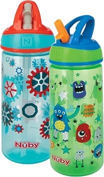 Nuby 2 Pack Iridescent PP Flip-it Kids On-The-Go Printed Water Bottle with Bite Proof Hard Straw - 18oz / 540 ml, 18+ Months, 2 pk, Robot & Friendly Monster Print on Amazon.ae - Price Tracker