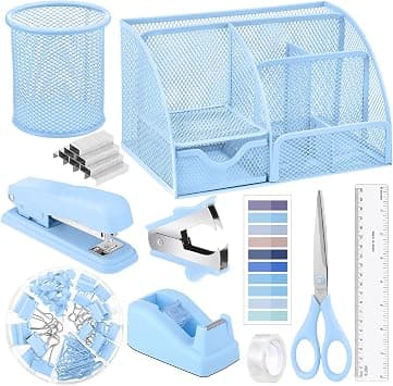 Auroray 11 in 1 Blue Desk Organizer and Accessories - Office Supplies Include Stapler, Tape Dispenser, Pen Holder, Staple Remover, Clips, Ruler, Scissors, Tapes, Tabs on Amazon.ae - Price Tracker