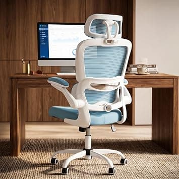 DROGO Ergonomic Office Chair for Home & Office | High Back Mesh Computer Chair with Adjustable Seat, Lumbar Support & Headrest | Reclining Desk Chair with Flip-Up Armrest - White with Blue على Amazon.ae - متتبع الأسعار
