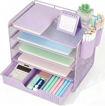 LEKETREE Desk Organizers and Accessories, 5-Tier Paper Letter Tray Organizer with Drawer & 2 Pen Holders, Desktop Organizer for Office Supplies (Purple) on Amazon.ae - Price Tracker