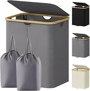 Lifewit Narrow Dirty Laundry Basket with Lid, Foldable Clothes Basket with Removable Bag and Handle, Bamboo Dirty Clothes Basket for Bedroom, Bathroom, Laundry, Bedroom, 120 L, Grey على Amazon.ae - متتبع الأسعار