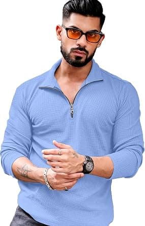 KAJARU Men's Polyester Blend T Shirt with Spread Collar Neck Line Zipper Closure Full Sleeves Solid Pattern Regular Fit and Standard Length on Amazon - Best Deal Finder