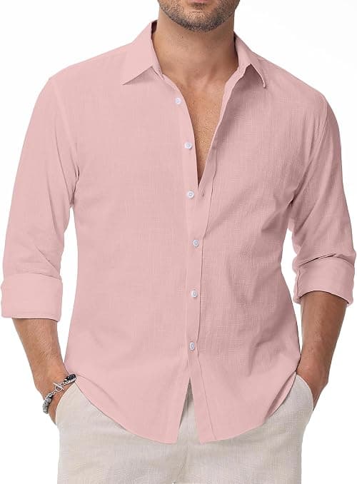 Linen Shirts for Men Casual Button Down Long Sleeve Shirt Solid Summer Beach Hawaiian Shirts on Amazon.ae - Price Tracker