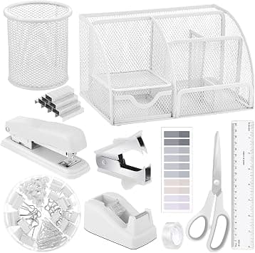 11 In 1 White Desk Organizer And Accessories Set - Includes Stapler, Tape Dispenser, Pen Holder, Staple Remover, Clips, Ruler, Scissors, Tapes, Tabs For Office Supplies على Amazon.ae - متتبع الأسعار